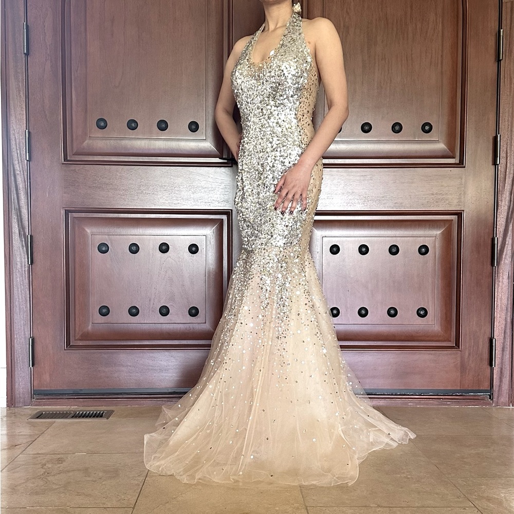 Beige mermaid gown with silver sequins & gems